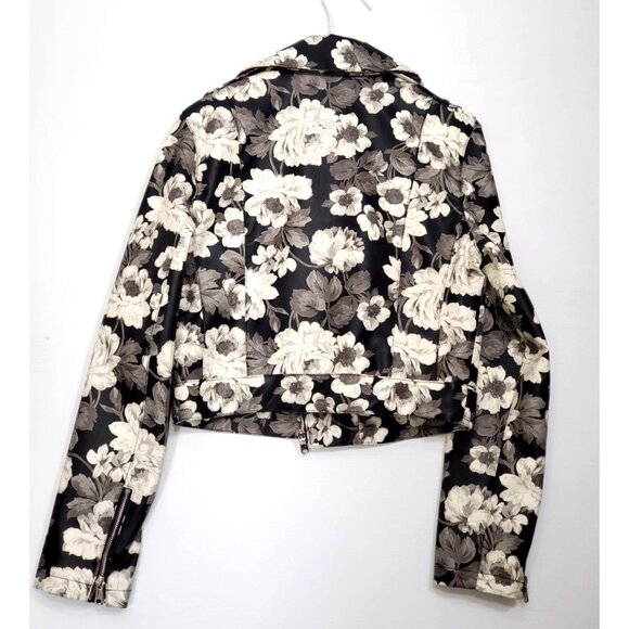 Sam Edelman Moto Jacket Floral Print Vegan Leather Gray Black White Size M 1823 - Picture 10 of 13